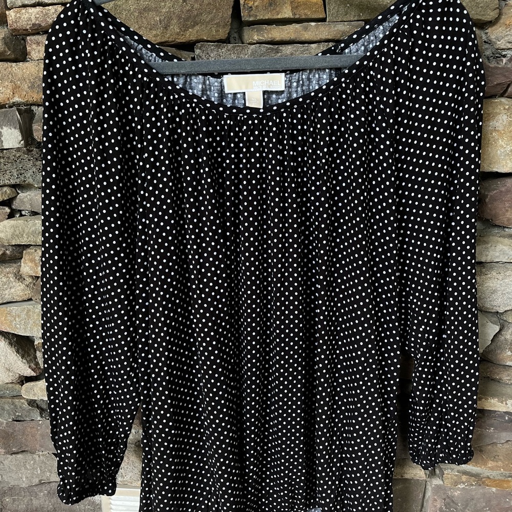 Michael Kors Black and White Smocked 3/4 Sleeve Blouse